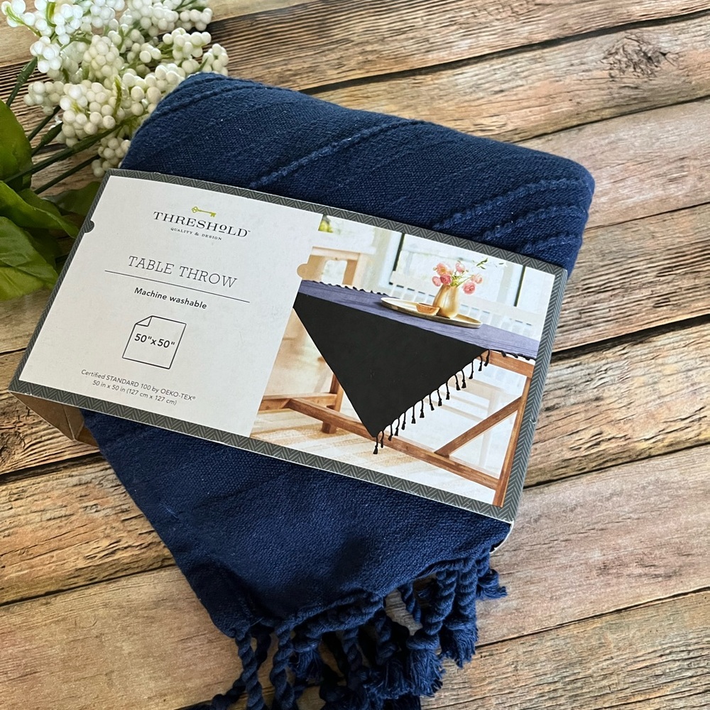 Threshold Navy Blue Cotton Table Throw with Tassel Trim NEW